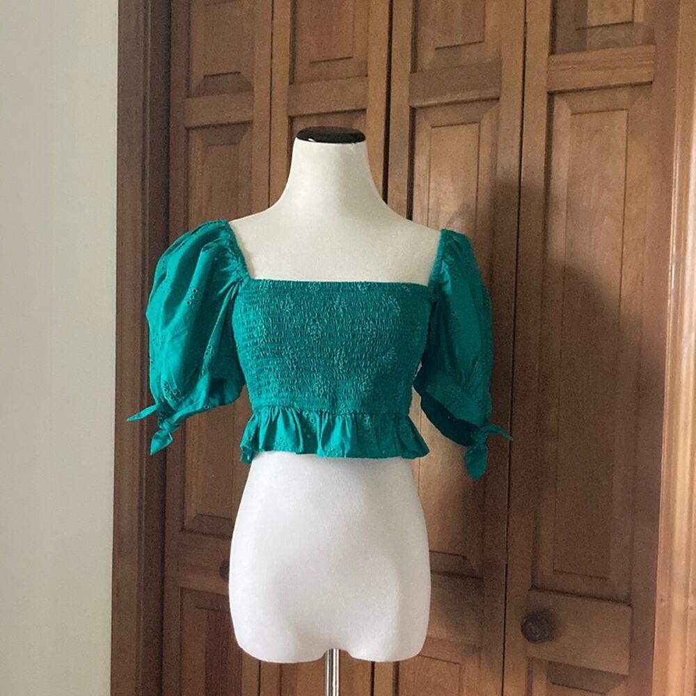 Zara Green Smocked Crop Top, Size S